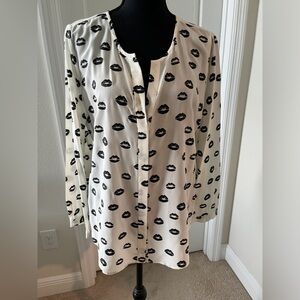 Joie Silk White Blouse with Black Lip Print